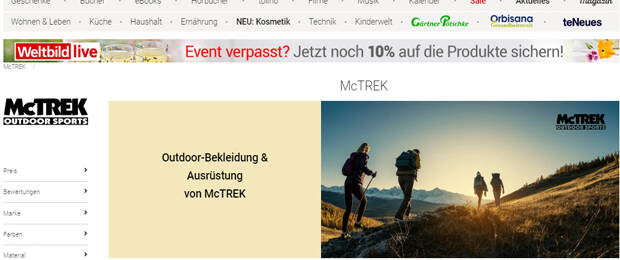 Blitzangebote für Outdoor-Fans: Auf der neuen Startseite des Markenshops von McTrek Outdoor Sports auf weltbild.de. (Bild: Screenshot weltbild.de)