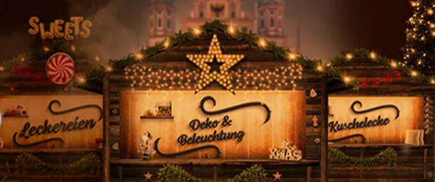 Virtuelle Weihnachtsbuden und eine Event-Bühne bieten vor der festlichen Kulisse des Augsburger Rathauses täglich neue spannende Programmpunkte. (Bild: Weltbild)