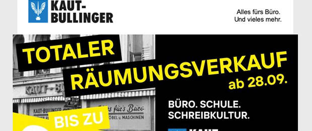 Das Fachhandelsunternehmen schließt seine Pforten im stationären Handel mit einem großen Räumungsverkauf in München. (Bild: Screenshot Kaut-Bullinger-Newsletter)