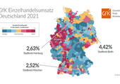 Das GfK Bild des Monats für September zeigt die regionale Verteilung des Einzelhandelsumsatzes in Deutschland im Jahr 2021, der sich in den einwohnerstarken Kreisen am höchsten zeigt. (Grafik: GfK)