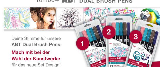 Auf der Tombow-Website können Kunden nun für die Sets der neuen „ABT Dual Brush Pens“ aus verschiedenen Kunstwerken die Cover-Designs auswählen und abstimmen. (Bild: Screenshot tomboweurope.com)