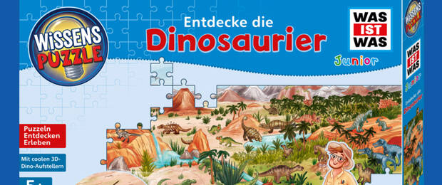 Preisgekrönte spielerische Wissensvermittlung: Das Wissenspuzzle „WAS IST WAS Junior – Entdecke die Dinosaurier“ des Kosmos Verlags.