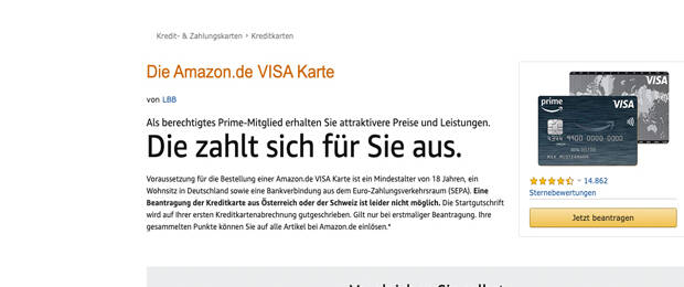 Der Google Watchblog berichtet von einer baldigen Zusammenarbeit von Google Pay mit der Landesbank Berlin – kommt dann vielleicht bald die Amazon Visa Kreditkarte? (Bild: Screenshot amazon.de)
