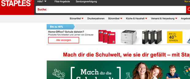 Umfangreiche Kampagne: Staples-Schulaktion mit vielen Produkten und Services (Bild: Screenshot staples.de)