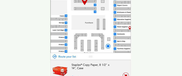 Wo liegt das gewünschte Produkt? Die App von Staples zeigt den Standort im Store auf einer Karte an. (Bild: Business Wire)